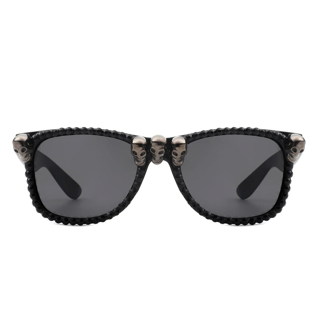 Myralis - Classic Horn Rim Rhinestone Gothic Skull Square Sunglasses