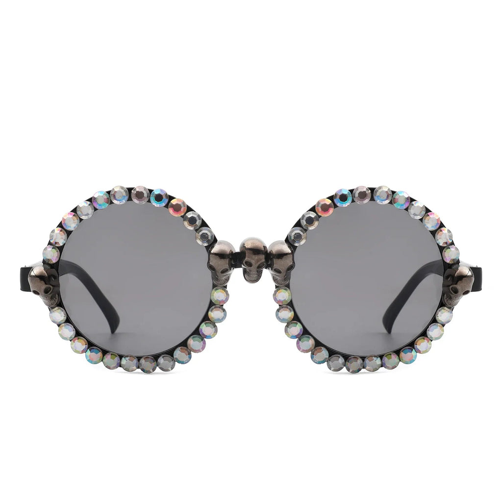 Aerion - Retro Round Gothic Rhinestone Skull Party Sunglasses