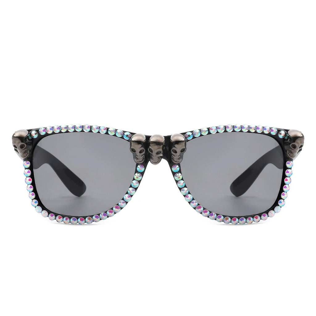 Myralis - Classic Horn Rim Rhinestone Gothic Skull Square Sunglasses