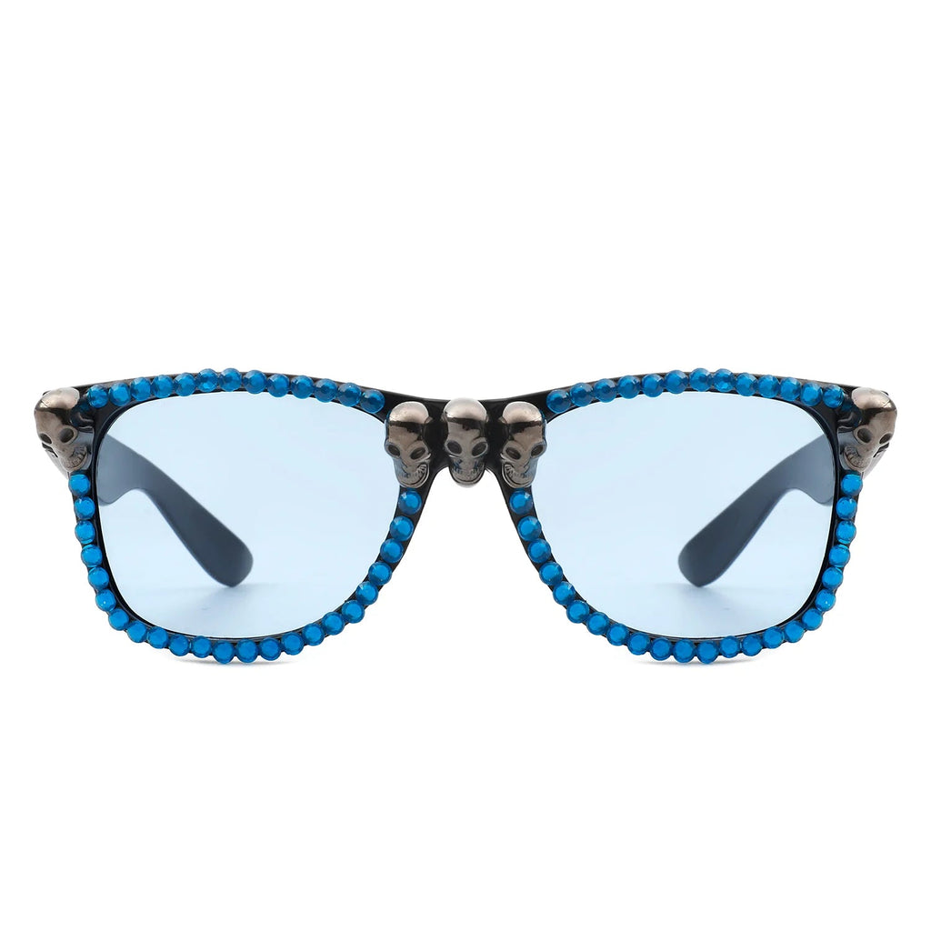 Myralis - Classic Horn Rim Rhinestone Gothic Skull Square Sunglasses