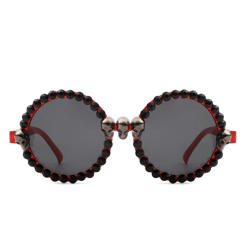 Aerion - Retro Round Gothic Rhinestone Skull Party Sunglasses