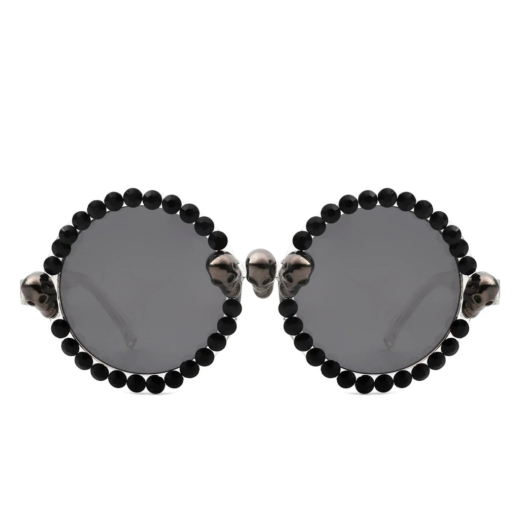 Aerion - Retro Round Gothic Rhinestone Skull Party Sunglasses