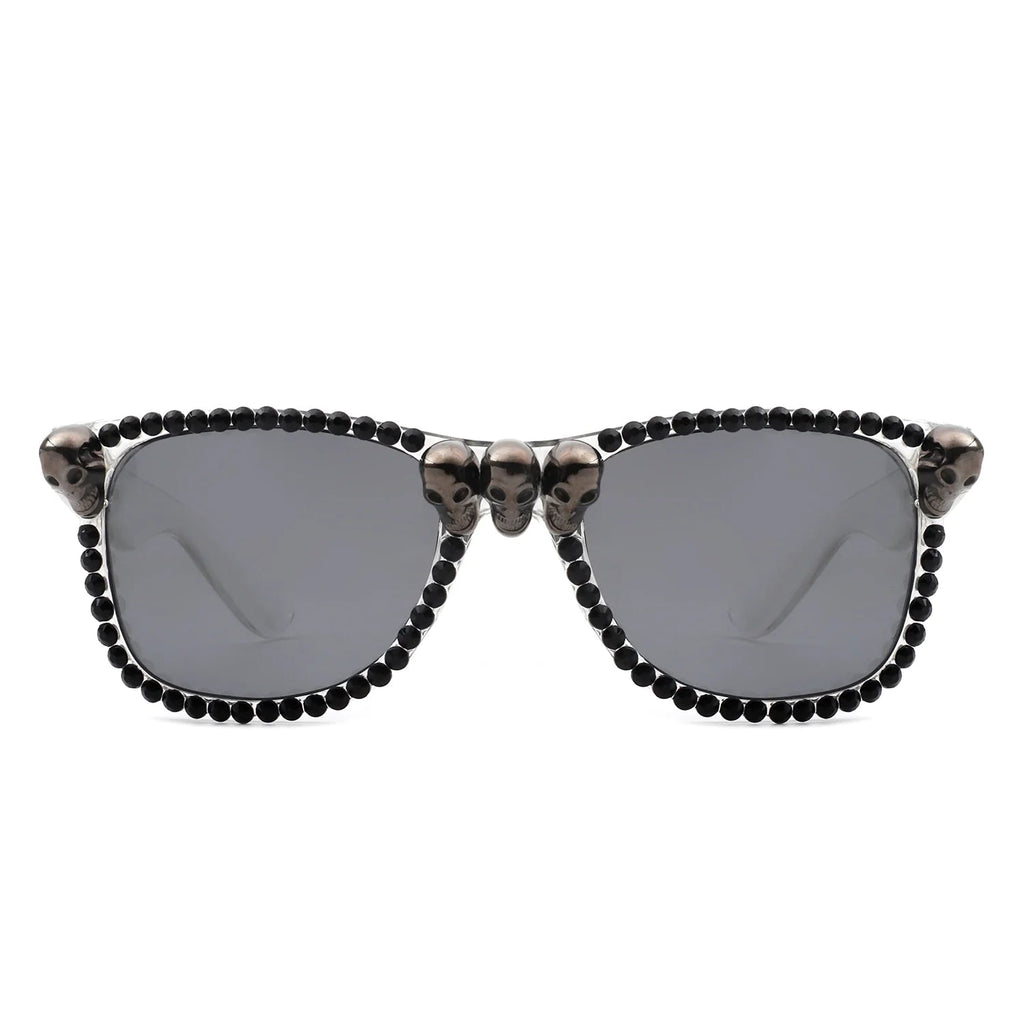 Myralis - Classic Horn Rim Rhinestone Gothic Skull Square Sunglasses