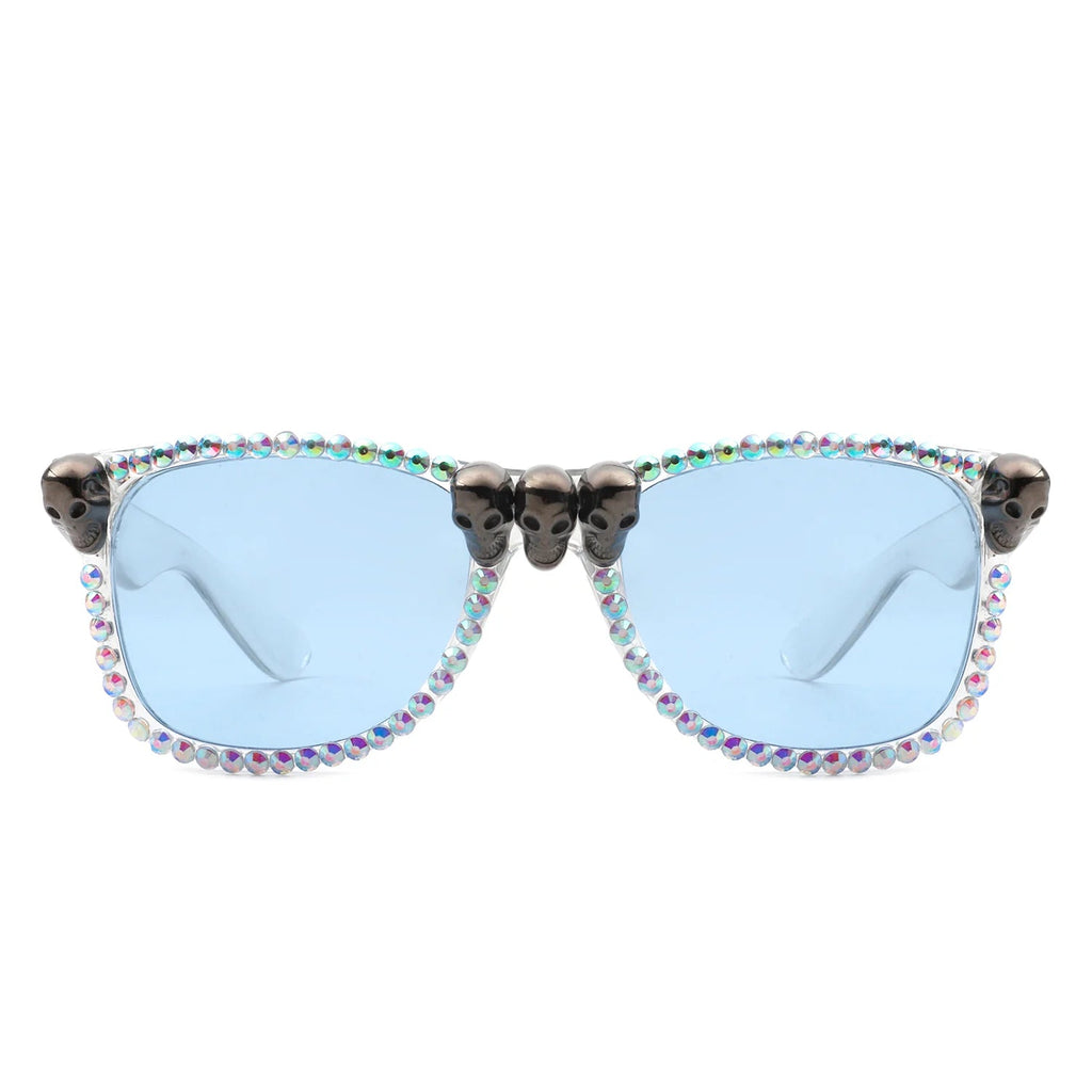 Myralis - Classic Horn Rim Rhinestone Gothic Skull Square Sunglasses