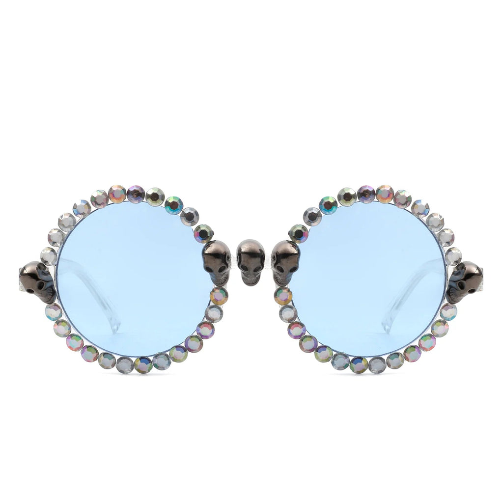 Aerion - Retro Round Gothic Rhinestone Skull Party Sunglasses